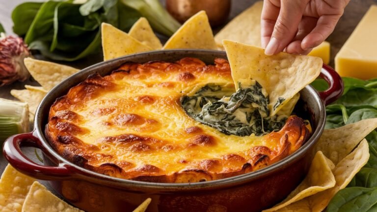 Cheesy Spinach Artichoke Dip with Tortilla Chips