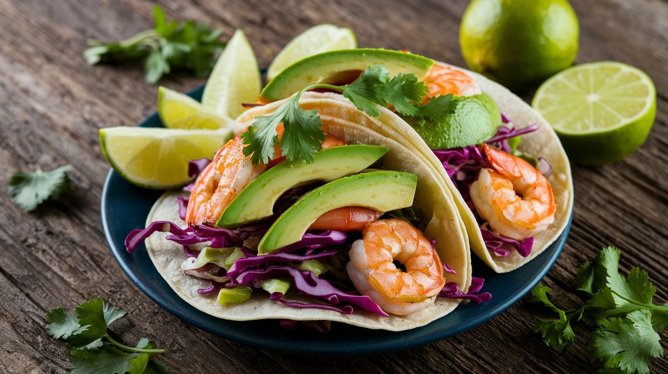 Mini shrimp tacos filled with shrimp, cabbage, avocado, and cilantro on a wooden table with lime wedges.
