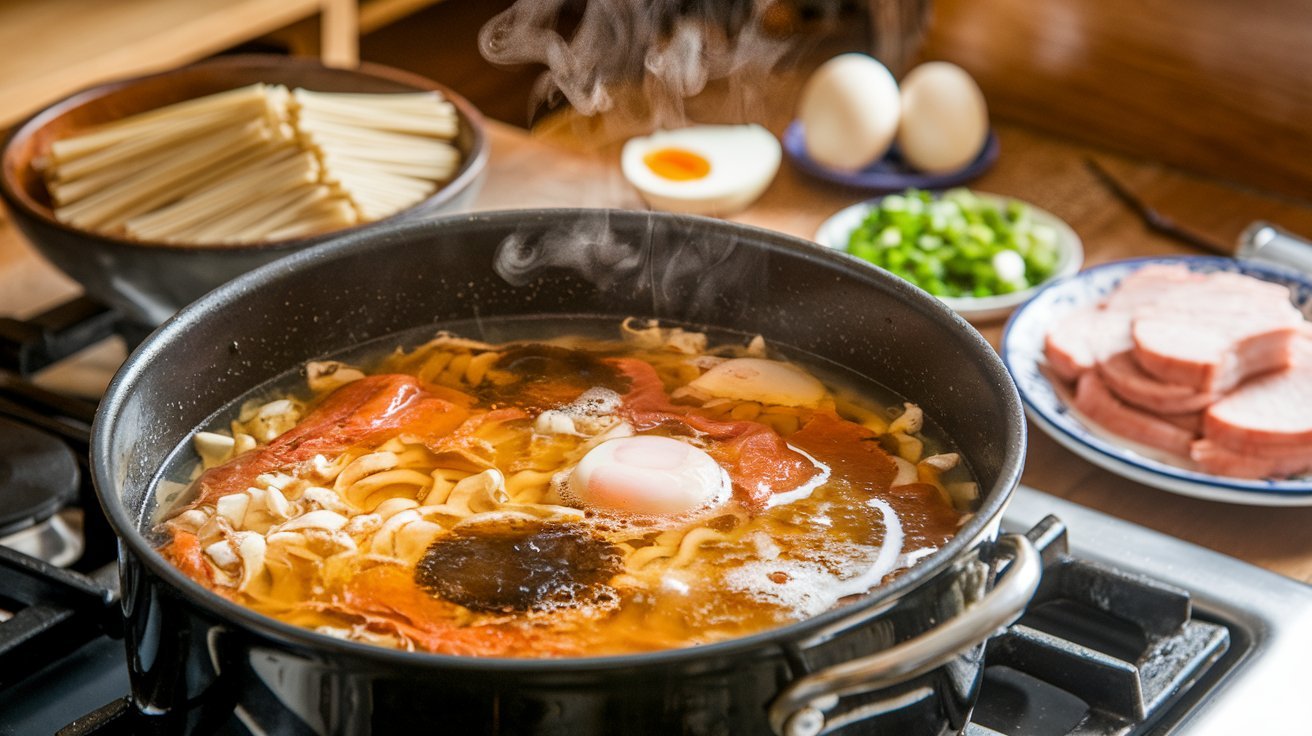 Simmering pot of Hawaiian saimin noodle soup broth with dashi, soy sauce, and fish stock, surrounded by fresh ingredients like saimin noodles, soft-boiled eggs, green onions, and char siu pork, ready to be added for a delicious homemade meal