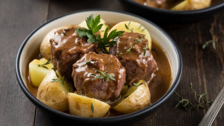 Slow Cooker Garlic Butter Beef Bites with Potatoes