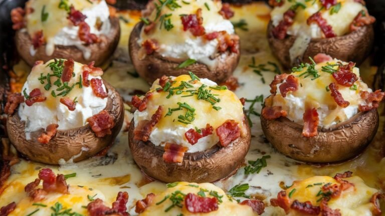 a baking dish filled with savory stuffed mushrooms topped with melted cheese and herbs