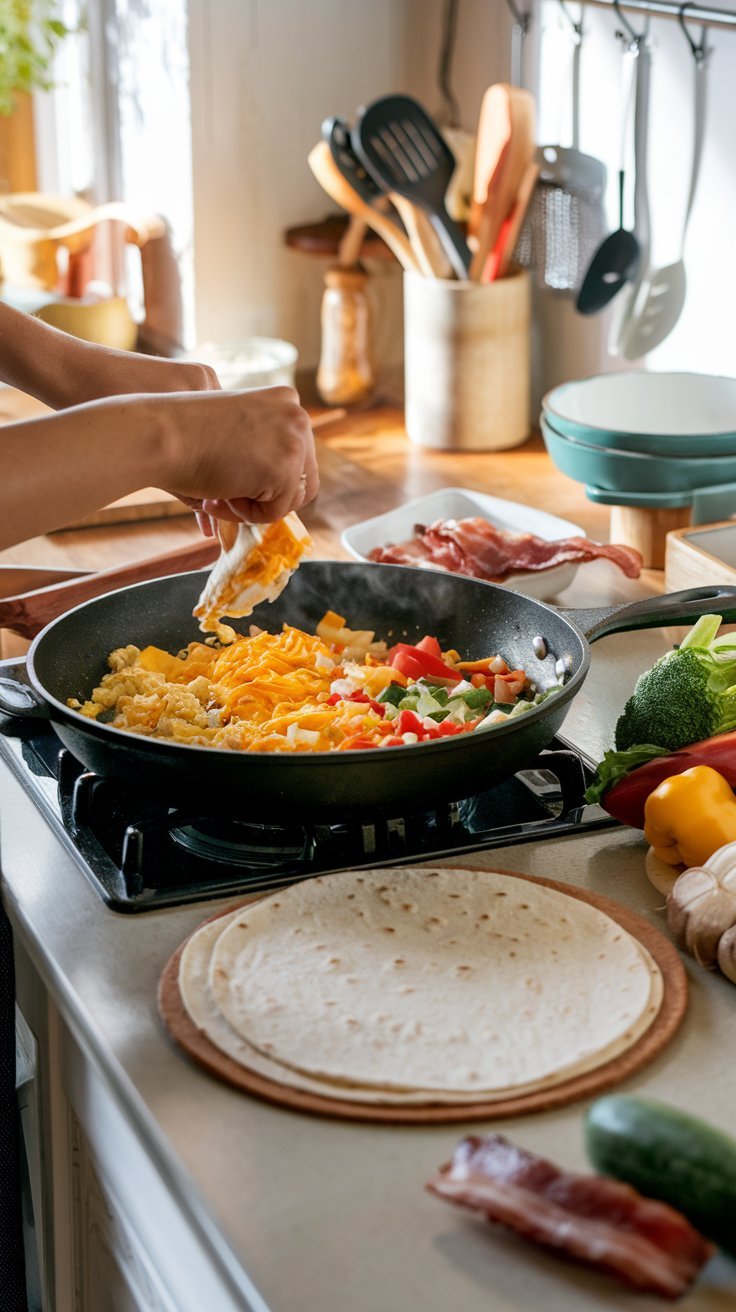 cooking breakfast burritos in a kitchen