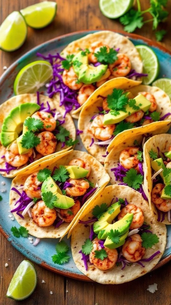 Mini shrimp tacos filled with shrimp, cabbage, avocado, and cilantro on a wooden table with lime wedges.