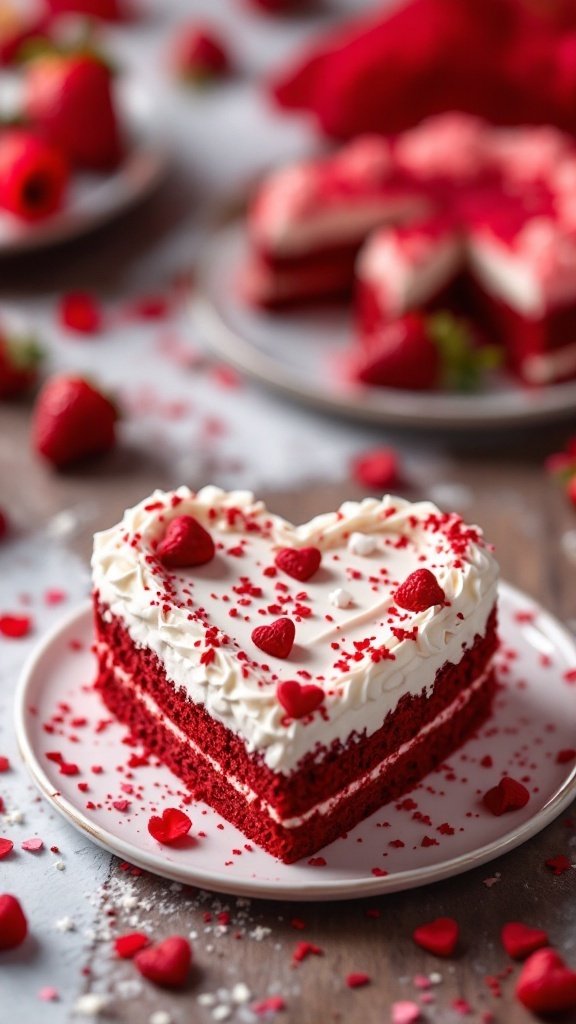 A beautiful red velvet heart cake with cream cheese frosting, garnished with berries and sprinkles