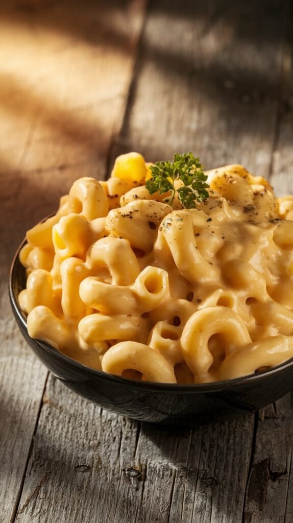 A cozy bowl of creamy mac and cheese with breadcrumbs and parsley