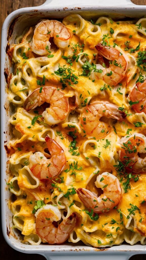 A delicious shrimp scampi pasta bake, bubbling with melted cheese on top