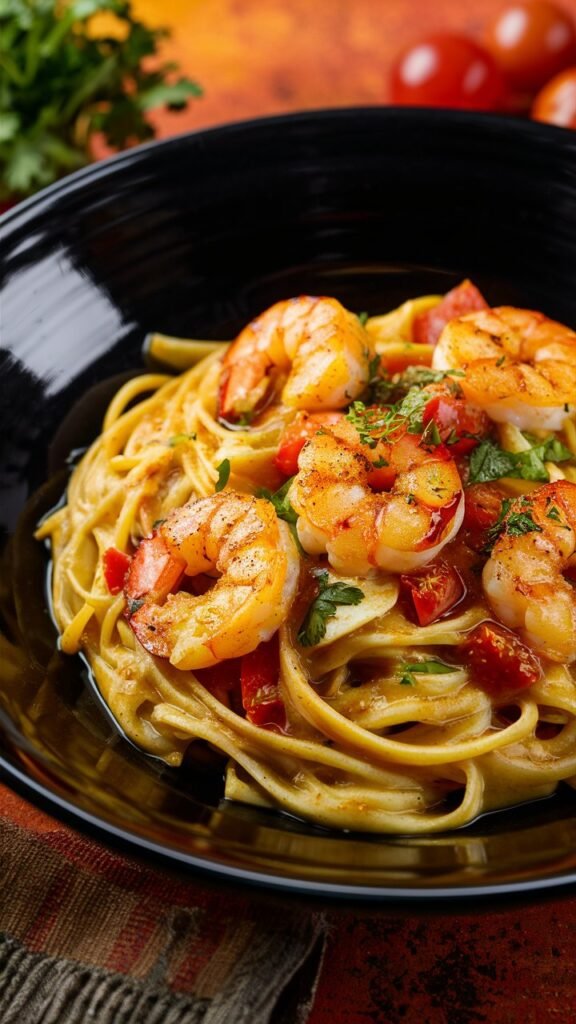 Bowl of Jamaican shrimp pasta with creamy jerk sauce