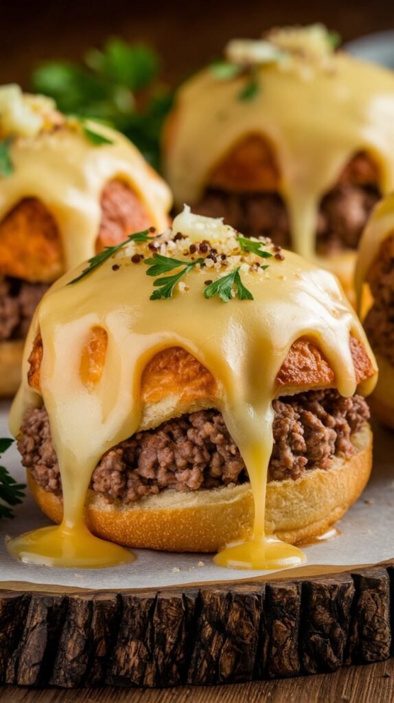 Cheesy Garlic Parmesan Cheeseburger Bombs on a wooden plate