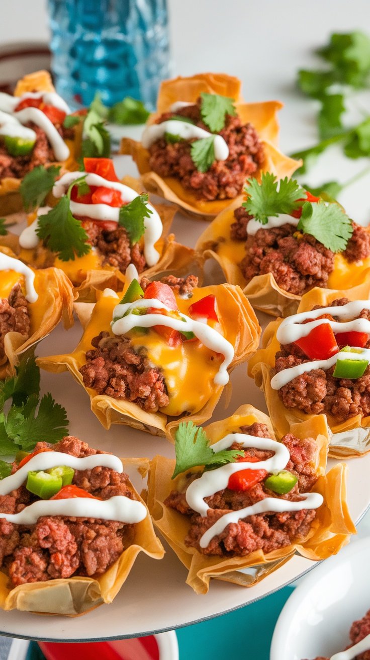 A colorful assortment of Taco Ranch Bites in phyllo shells, garnished with ranch dressing and cilantro, ready for a party.
