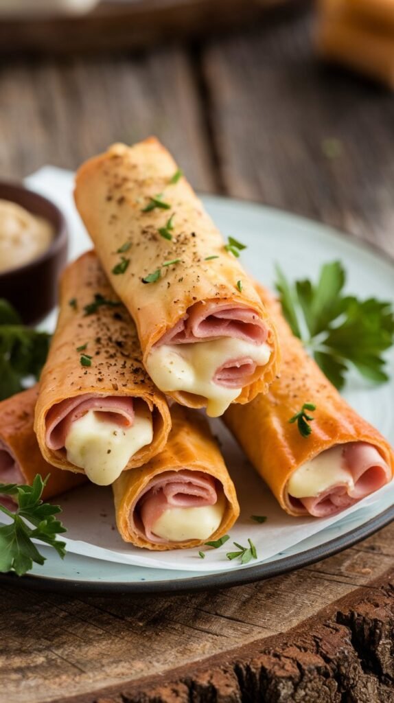 Fried ham and cheese sticks on a plate with dipping sauces in a cozy kitchen.