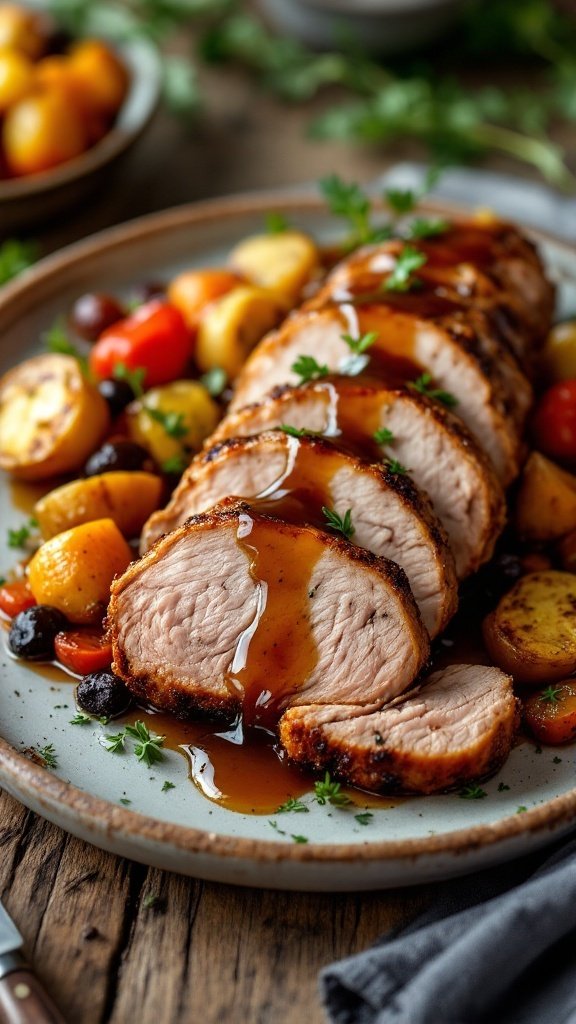 Sliced slow cooker pork tenderloin with roasted vegetables and fresh herbs on a rustic wooden table.