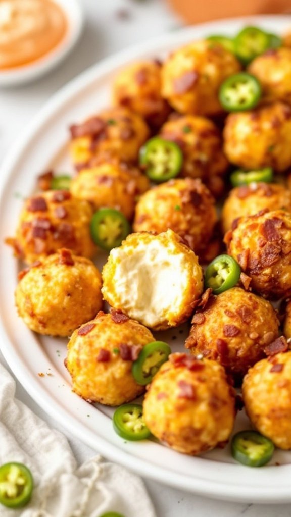 A plate of Bacon Jalapeno Cream Cheese Balls with jalapeno slices and a dipping sauce in the background