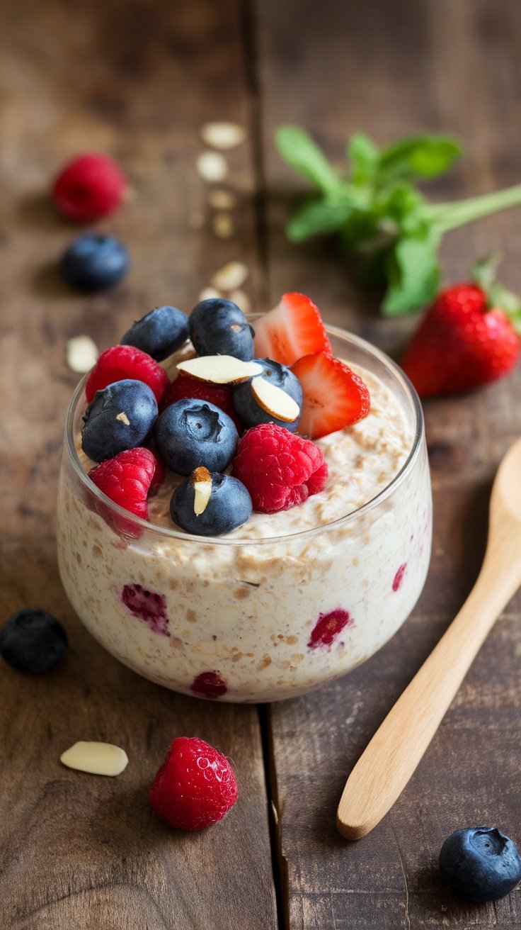 A bowl of Berry Almond Overnight Oats topped with blueberries, raspberries, strawberries, and almond slices.