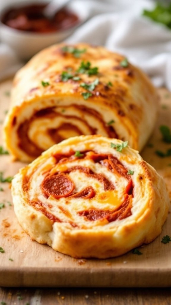 A sliced cheesy pepperoni stromboli on a wooden board, showing layers of cheese and pepperoni.