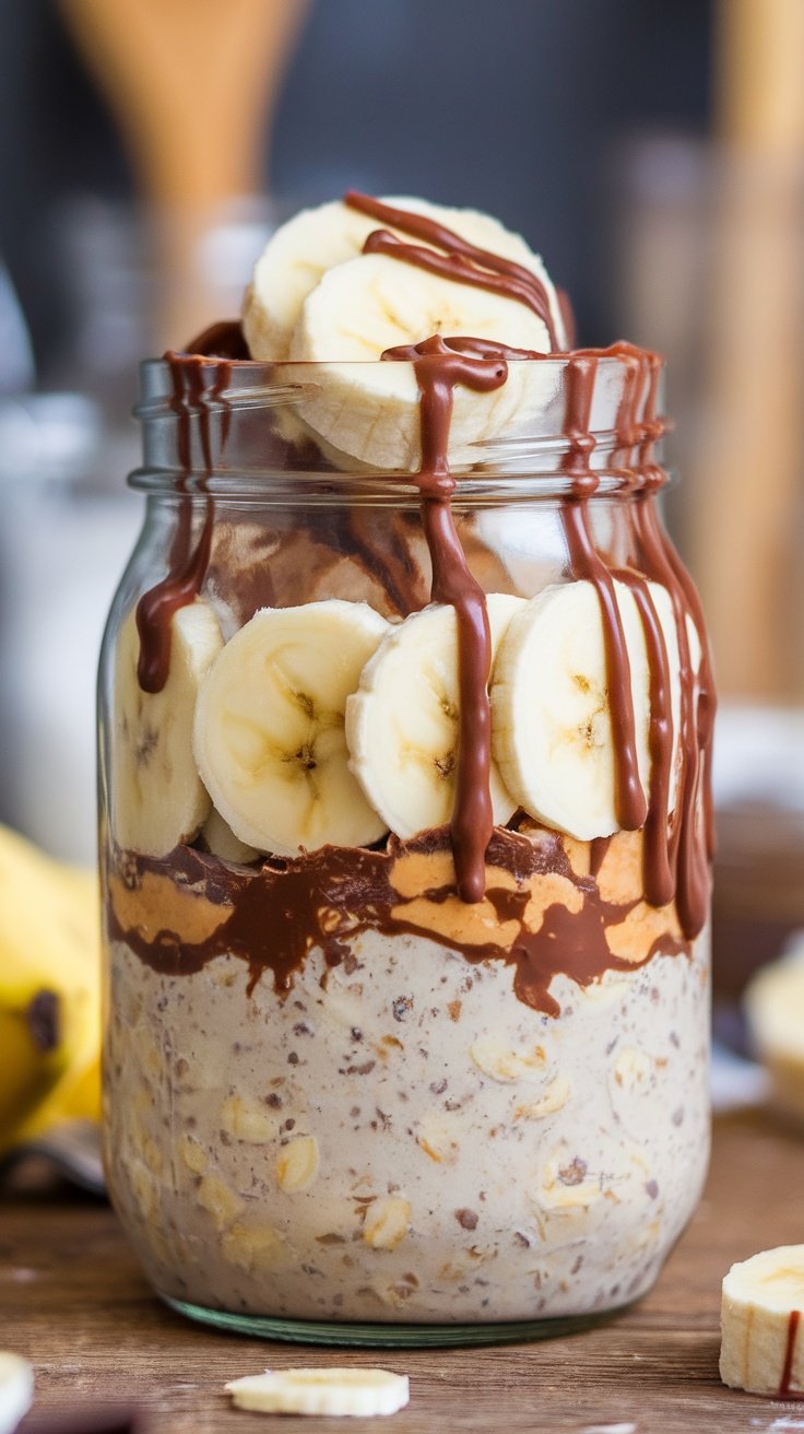 Choco-Banana Peanut Butter Overnight Oats in a jar with banana slices and chocolate drizzle on top