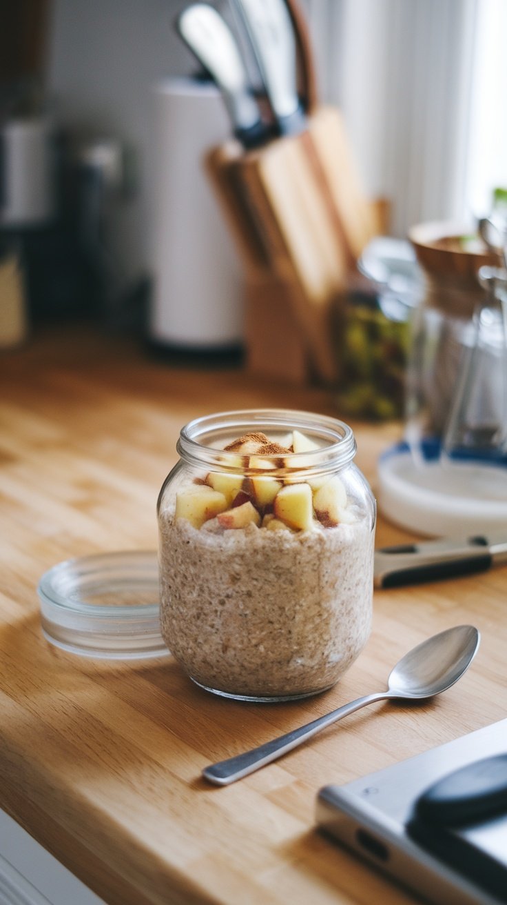 A jar of Cinnamon Apple Walnut Oats on a wooden table, featuring sliced apples and a sprinkle of cinnamon on top.