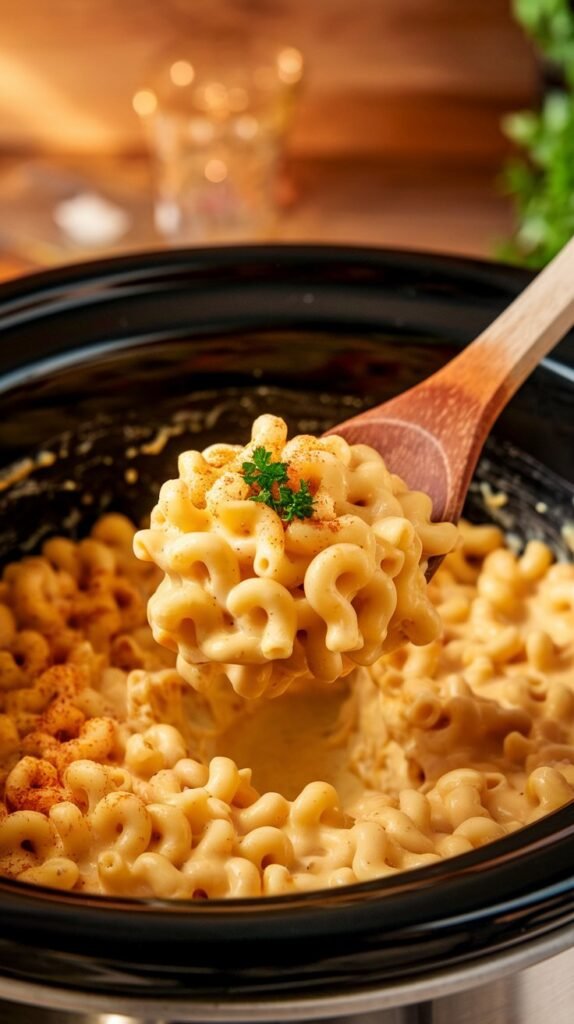 A  creamy, perfectly blended mac & cheese inside a slow cooker 