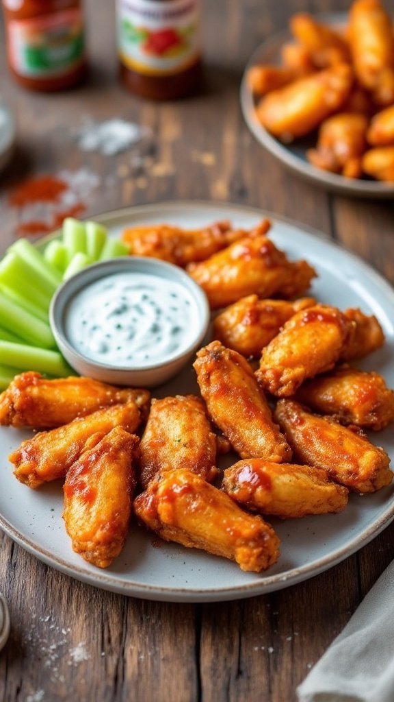 Crispy air fryer chicken wings served with celery sticks and blue cheese dressing on a wooden table.