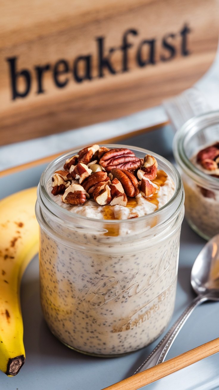 A jar of maple pecan overnight oats topped with pecans and a banana on the side