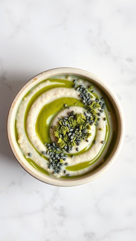 of matcha green tea overnight oats topped with chia seeds on a marble surface.