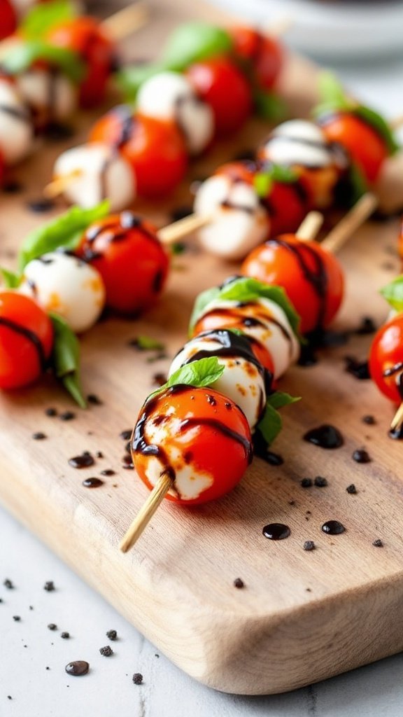 Mini Caprese skewers with balsamic glaze arranged on a wooden board