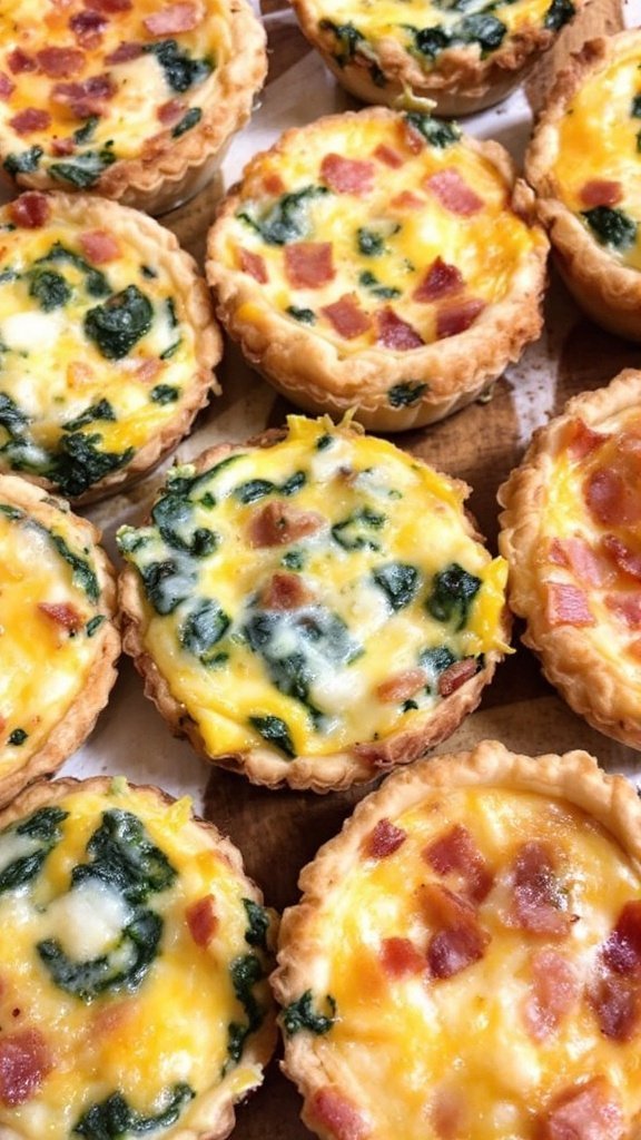 A variety of mini quiches with different fillings, including cheese, spinach, and ham.