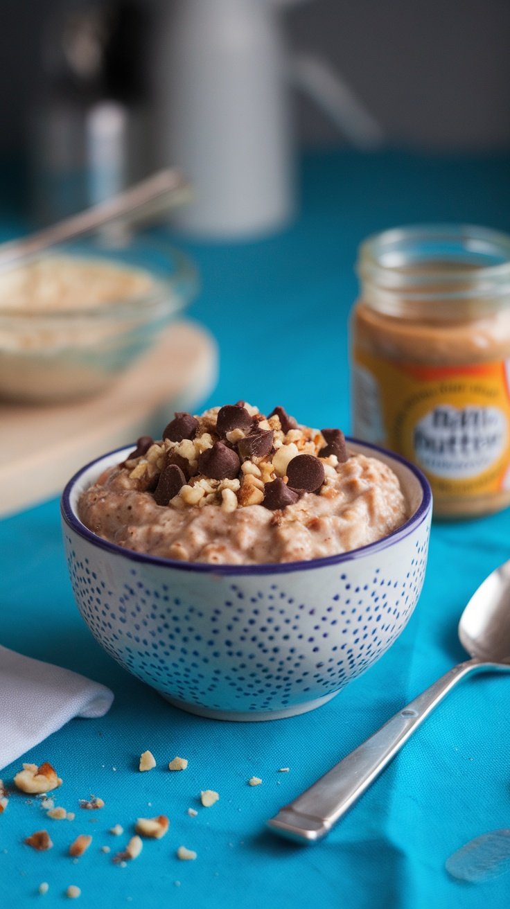 A bowl of Nutty Chocolate Chip Overnight Oats topped with chocolate chips and nuts.