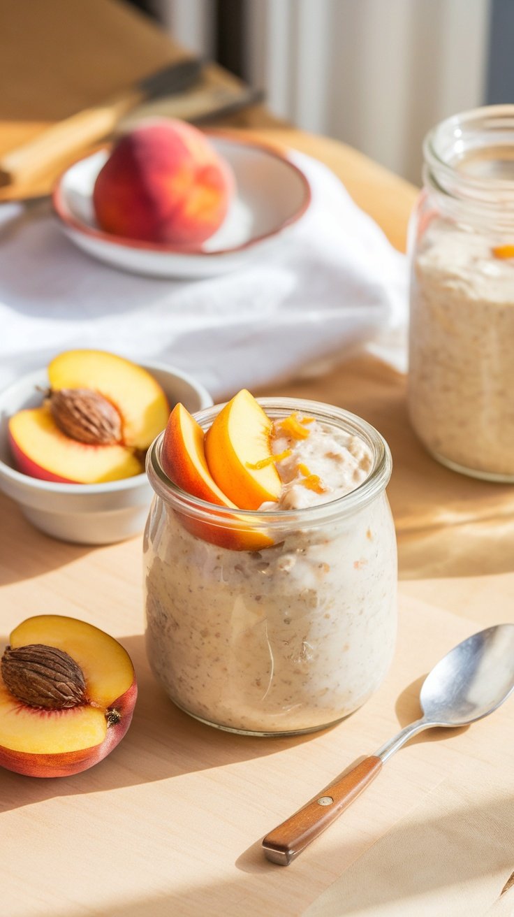 A jar of peach and ginger overnight oats topped with peach slices, surrounded by fresh peaches.