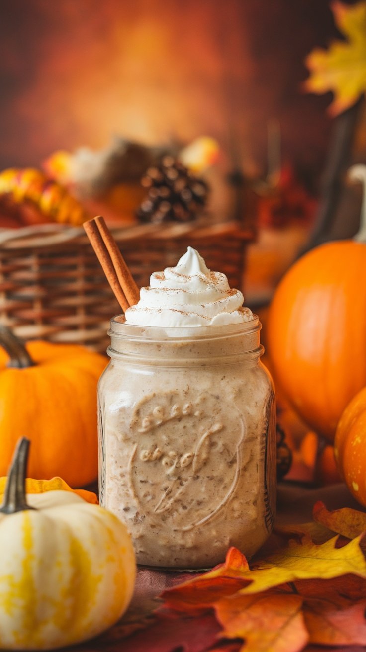 A jar of pumpkin spice overnight oats topped with whipped cream and cinnamon, surrounded by pumpkins and autumn leaves.