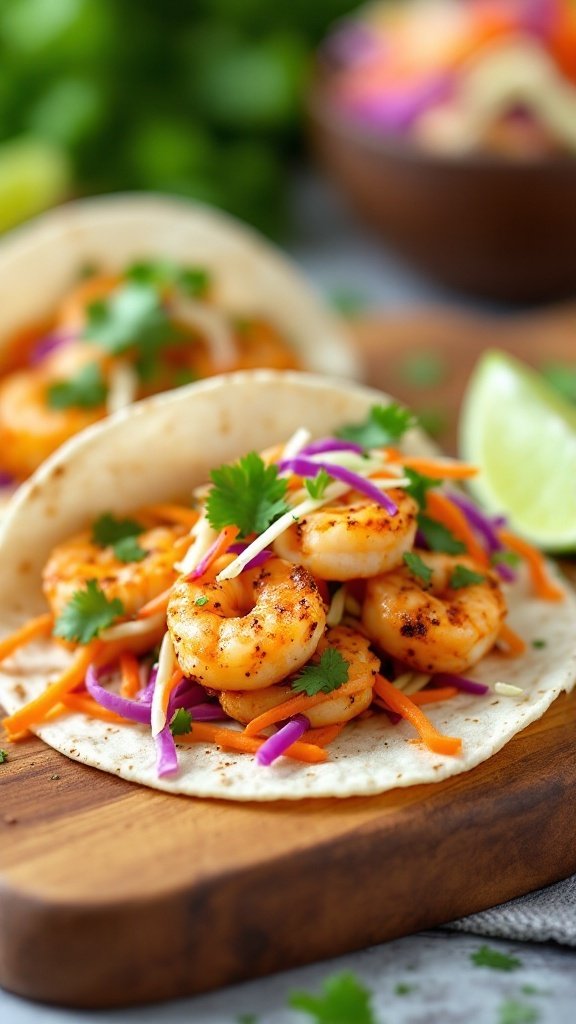 Spicy shrimp tacos served in mini tortillas, topped with colorful vegetables.