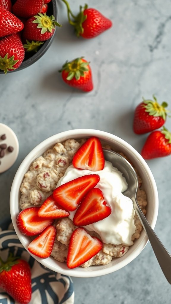 A jar of Strawberry Shortcake Overnight Oats with layers of oats, strawberries, and whipped cream.