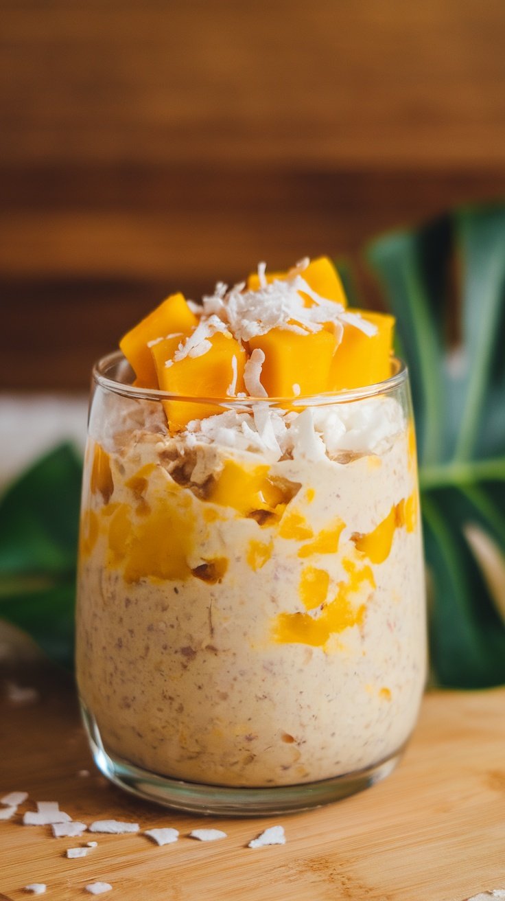 A glass of tropical mango coconut overnight oats topped with fresh mango and coconut flakes.