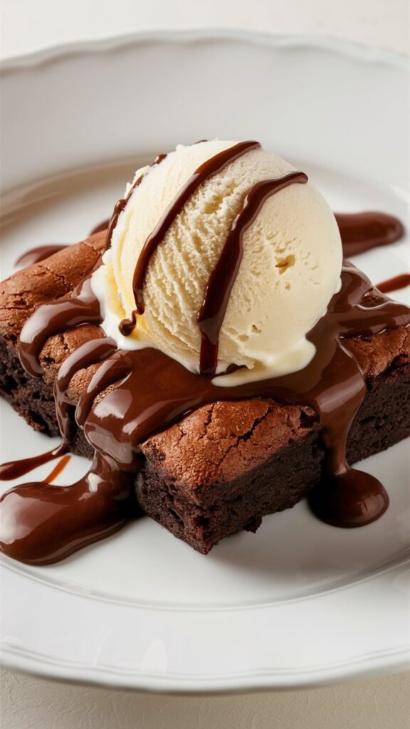 A classic brownie placed on a white plate with a scoop of vanilla ice cream melting on top