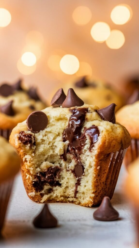 A close-up of a golden light beige muffin, revealing a moist, fluffy inside with melted chocolate chips. 