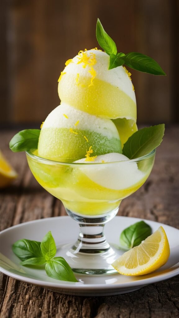 A glass of refreshing lemon basil sorbet garnished with lemon slices and basil leaves