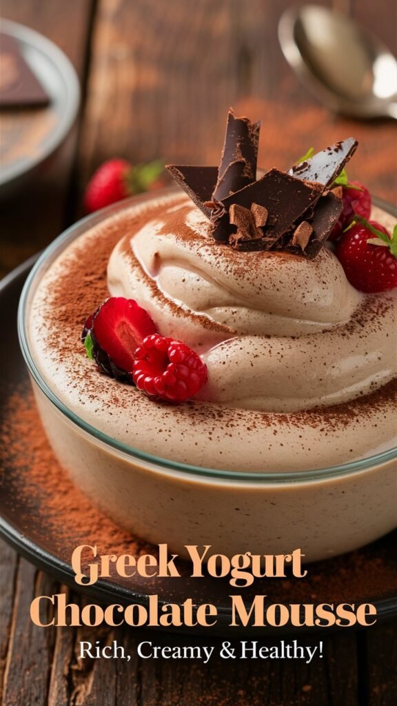 Greek Yogurt Chocolate Mousse, topped with shaved dark chocolate and fresh berries