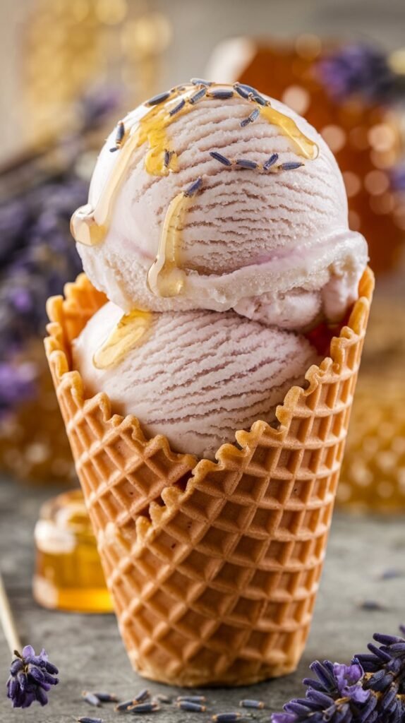 Lavender honey ice cream in a waffle cone