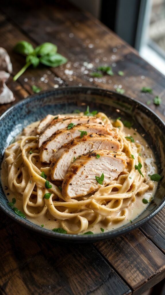  a bowl of Chicken Alfredo pasta