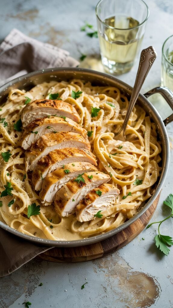a large, deep skillet filled with freshly made Chicken Alfredo
