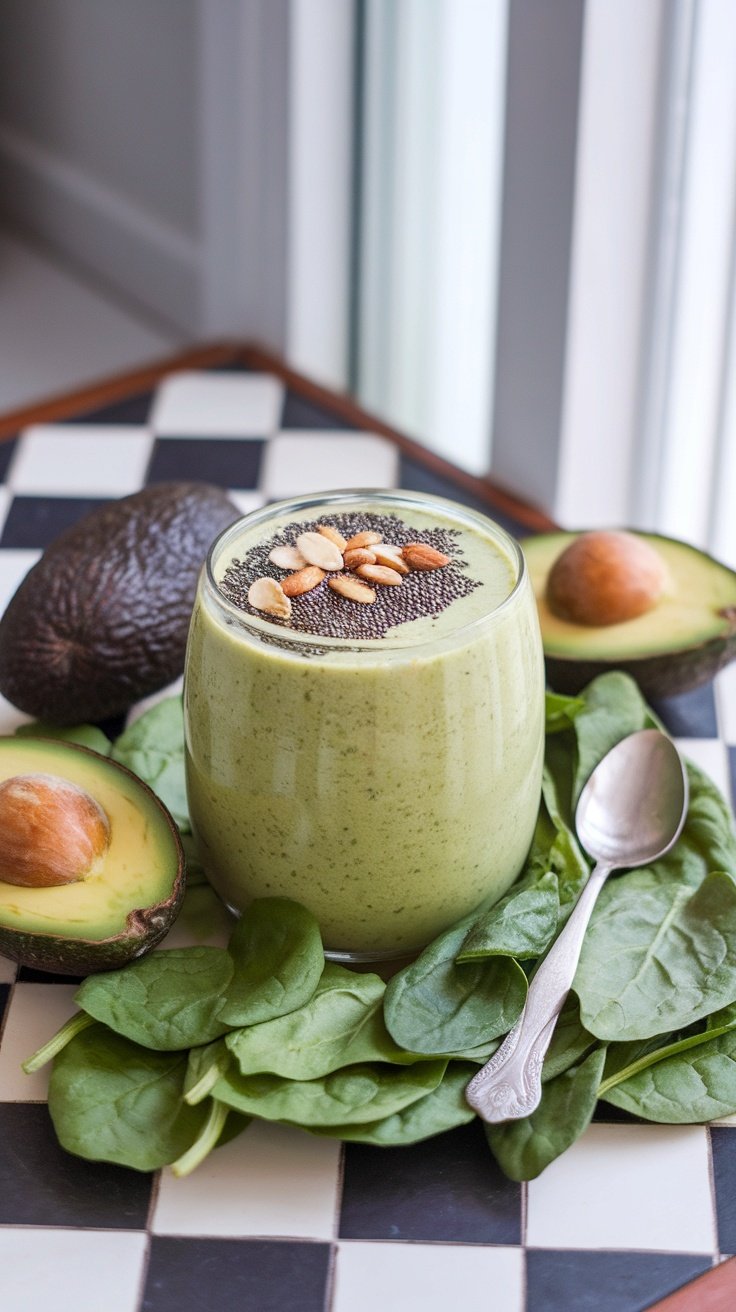 A nutritious avocado spinach protein smoothie served in a glass, garnished with seeds and surrounded by fresh ingredients.