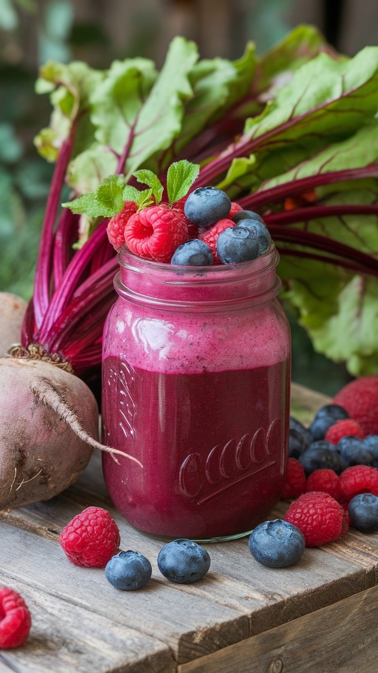 A vibrant beetroot and berry smoothie in a jar topped with fresh berries.