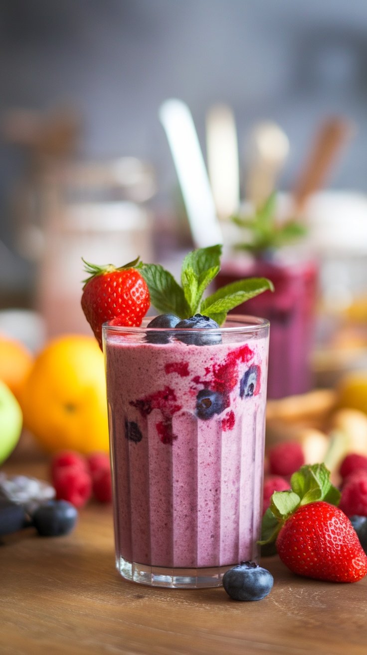 A refreshing berry smoothie garnished with strawberries and mint, showcasing vibrant colors.