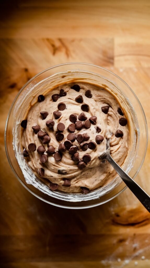 bowl of freshly mixed Greek yogurt chocolate chip muffin batter in a clear glass mixing bowl