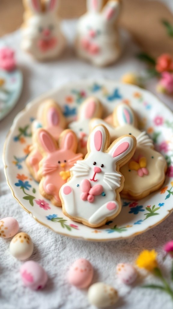 Bunny-shaped sugar cookies decorated for Easter