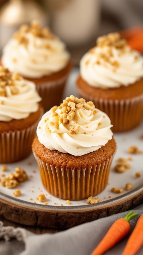 Carrot cake cupcakes with cream cheese frosting topped with crushed walnuts.