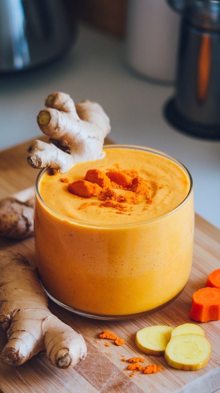 A bright orange carrot ginger turmeric smoothie in a glass, surrounded by fresh ginger and turmeric roots.