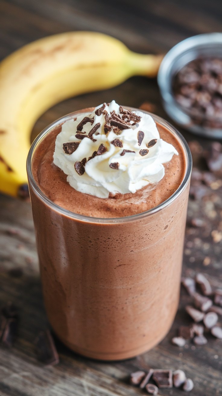 A delicious chocolate banana protein smoothie topped with whipped cream and chocolate shavings.