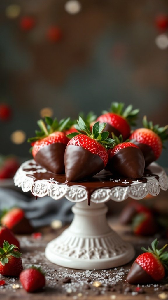 Chocolate dipped strawberries on a decorative stand