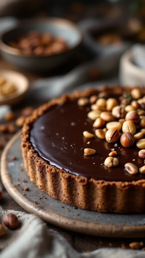 A delicious chocolate hazelnut tart topped with hazelnuts on a rustic plate.