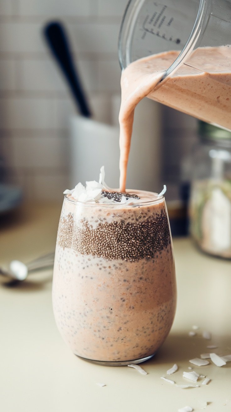 A glass of Coconut Chia Seed Smoothie topped with chia seeds and coconut flakes.